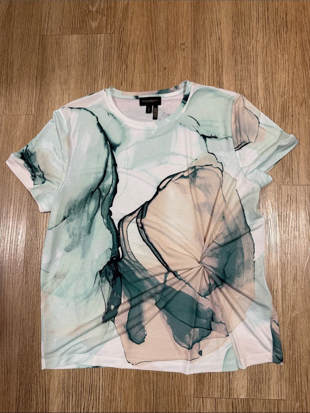 Donna Karan Abstract Floral Short Sleeve Tee in Teal and Beige M